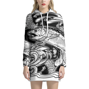 White And Black Pisces Sign Print Pullover Hoodie Dress