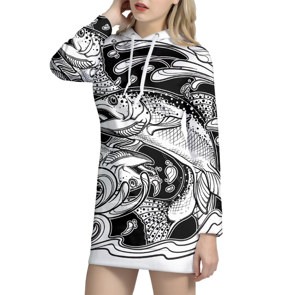 White And Black Pisces Sign Print Pullover Hoodie Dress