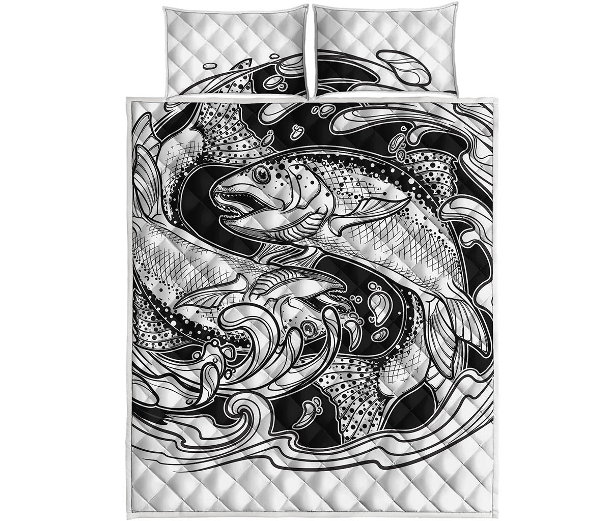 White And Black Pisces Sign Print Quilt Bed Set