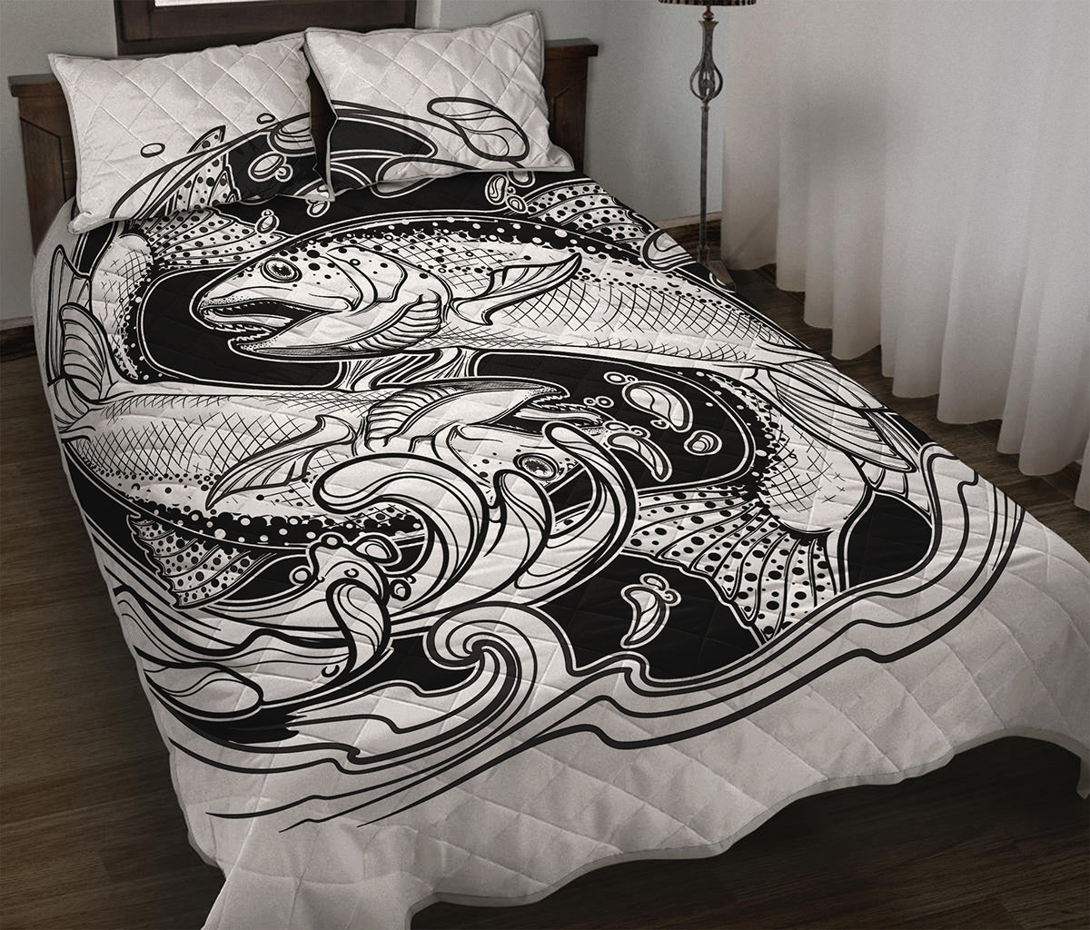 White And Black Pisces Sign Print Quilt Bed Set
