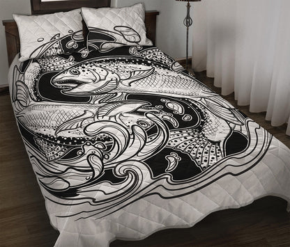 White And Black Pisces Sign Print Quilt Bed Set