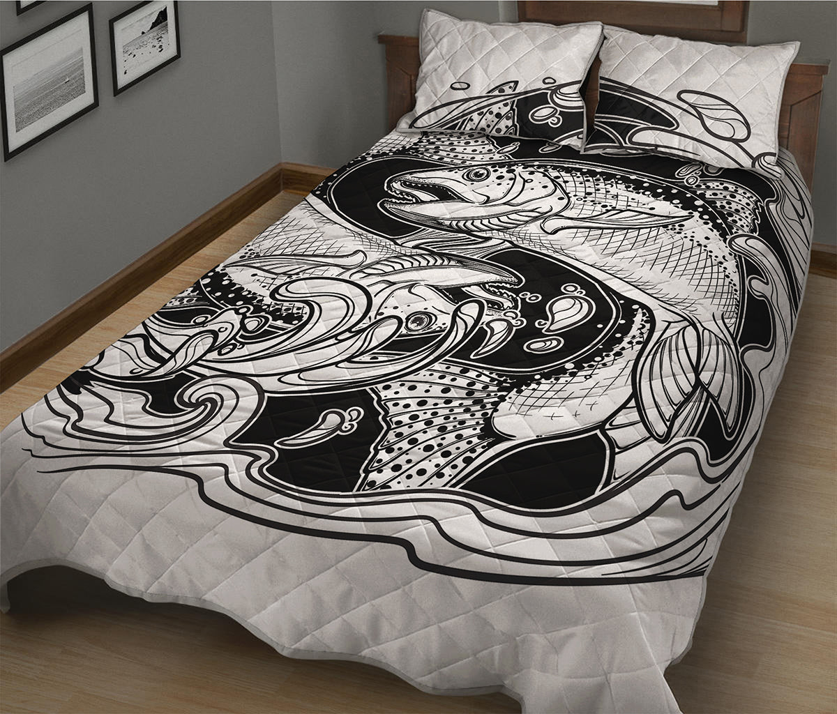 White And Black Pisces Sign Print Quilt Bed Set