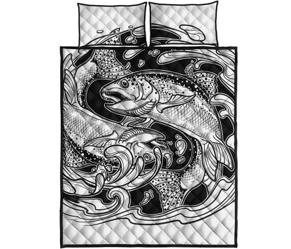 White And Black Pisces Sign Print Quilt Bed Set