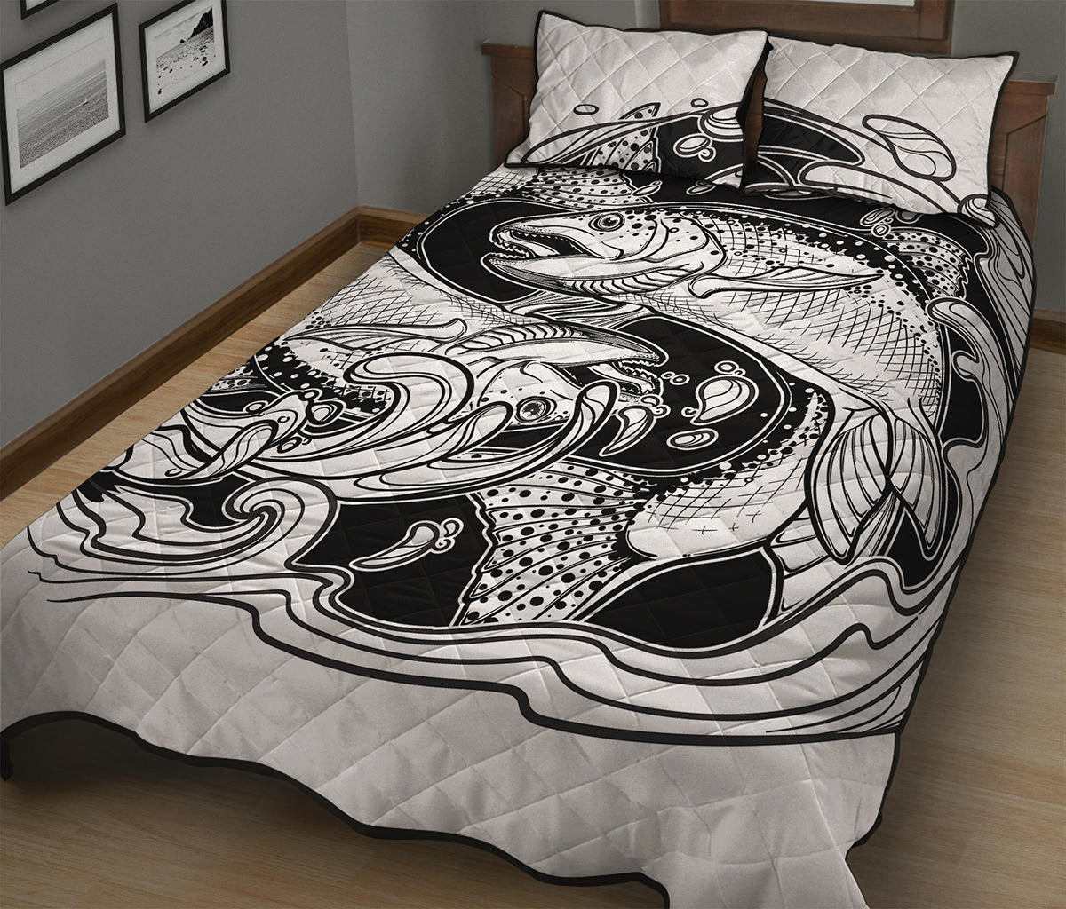 White And Black Pisces Sign Print Quilt Bed Set