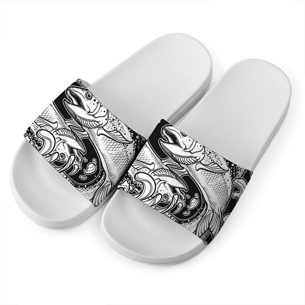 White And Black Pisces Sign Print White Slide Sandals