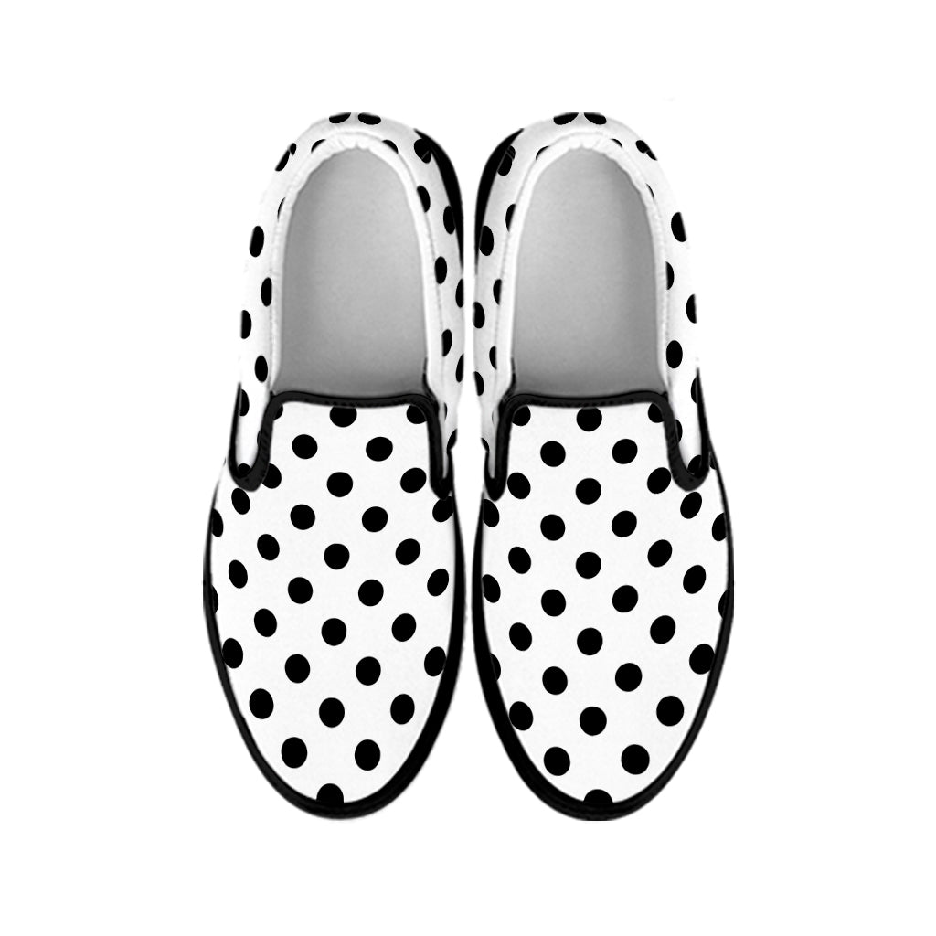 White And Black Polka Dot Pattern Print Black Slip On Shoes