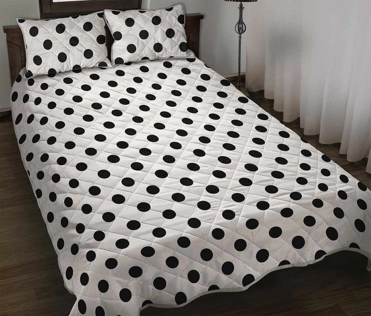 White And Black Polka Dot Pattern Print Quilt Bed Set