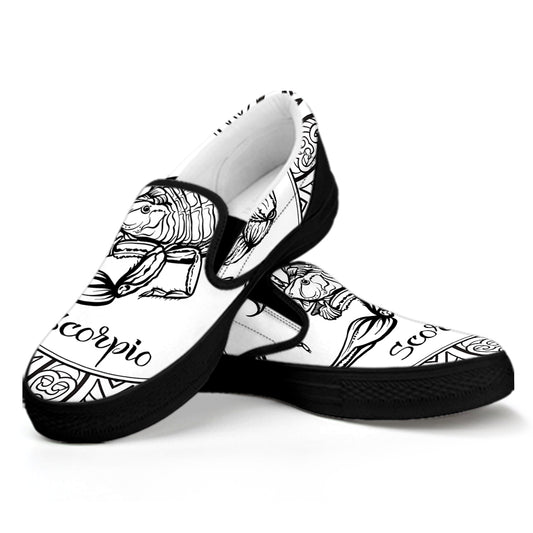 White And Black Scorpio Sign Print Black Slip On Shoes