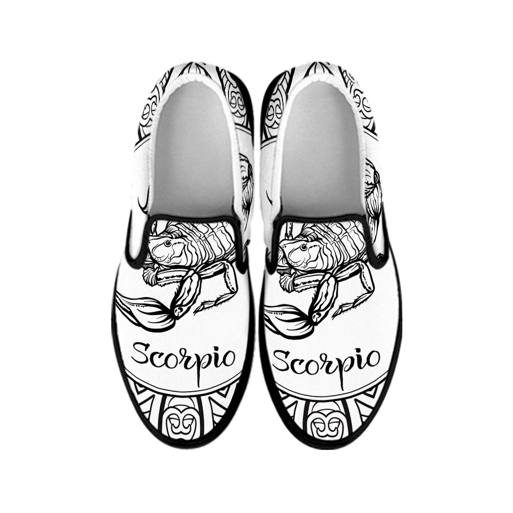 White And Black Scorpio Sign Print Black Slip On Shoes