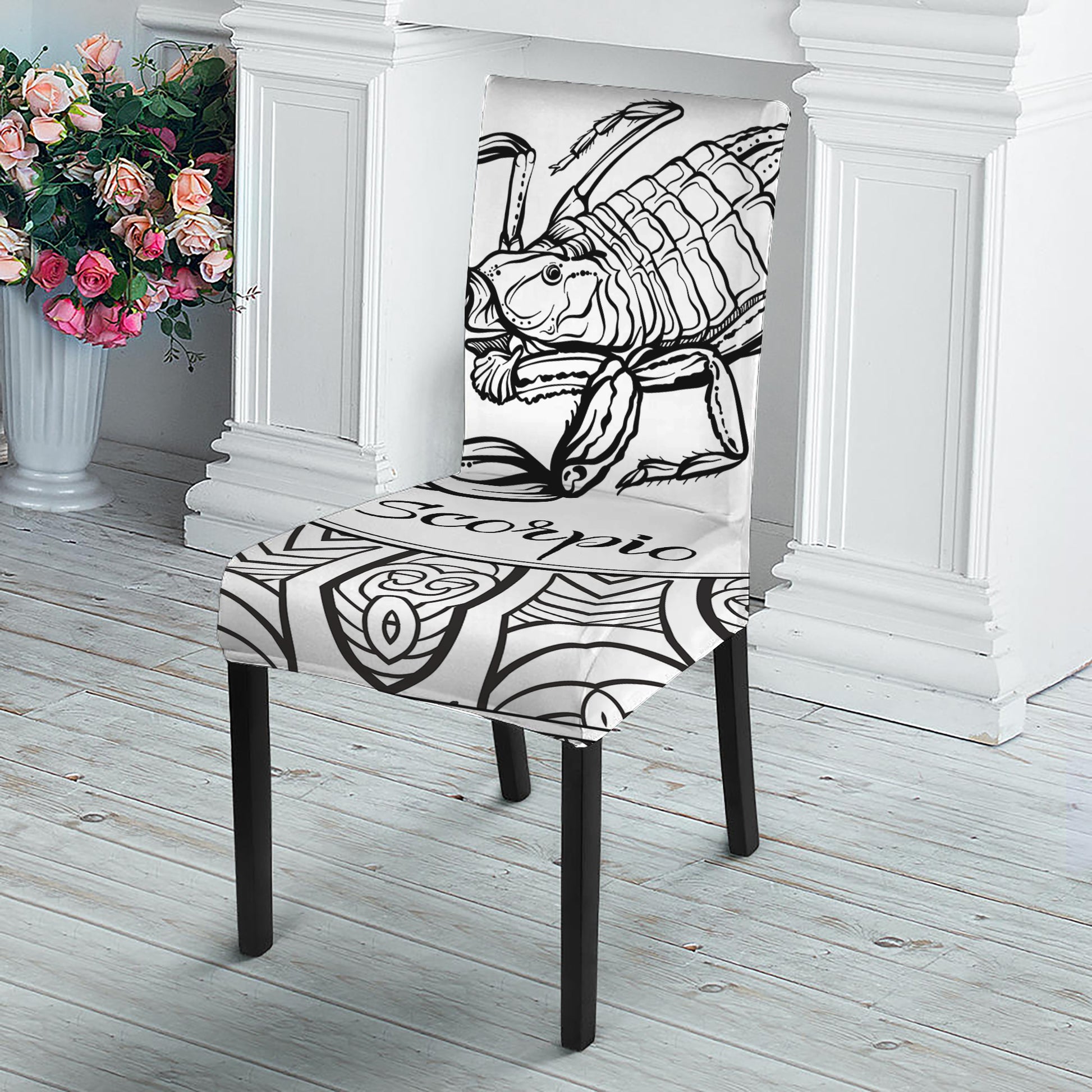 White And Black Scorpio Sign Print Dining Chair Slipcover