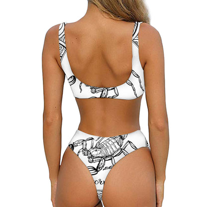 White And Black Scorpio Sign Print Front Bow Tie Bikini