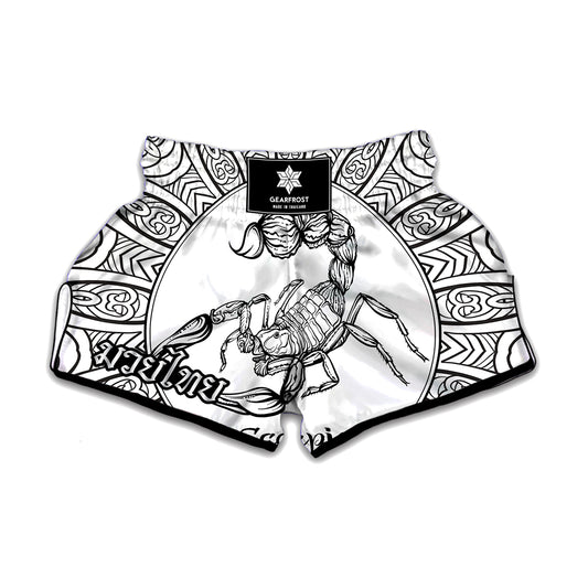 White And Black Scorpio Sign Print Muay Thai Boxing Shorts