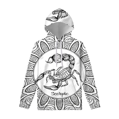 White And Black Scorpio Sign Print Pullover Hoodie