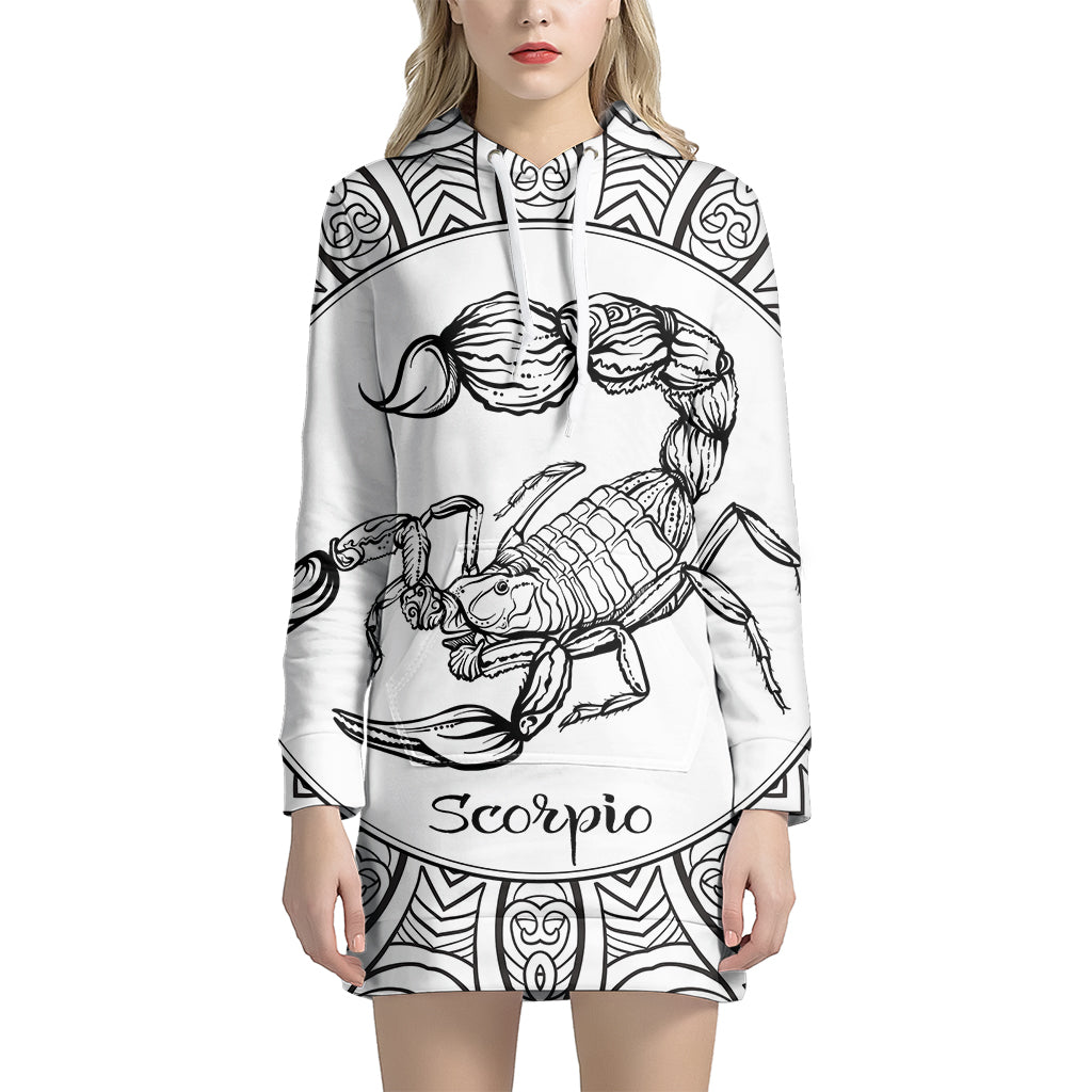 White And Black Scorpio Sign Print Pullover Hoodie Dress