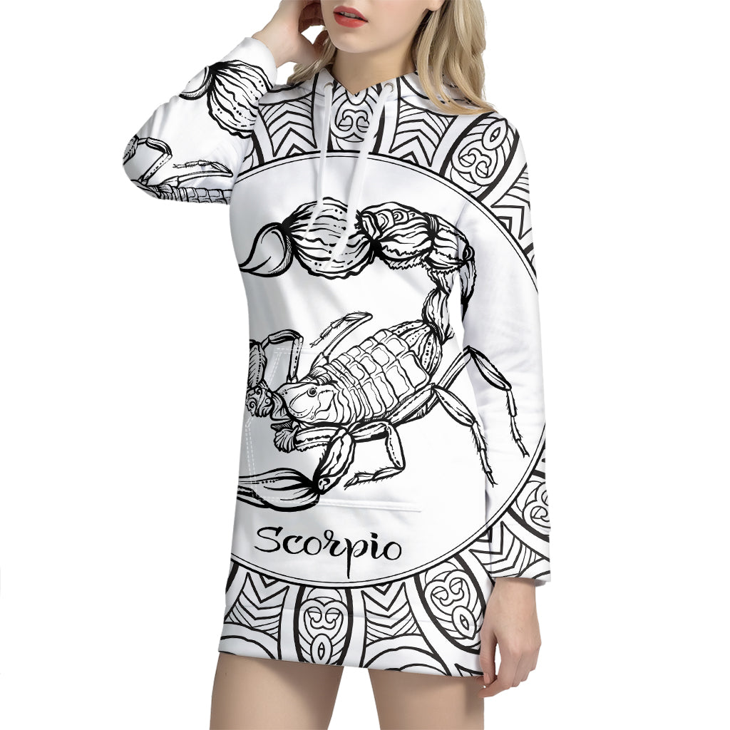 White And Black Scorpio Sign Print Pullover Hoodie Dress