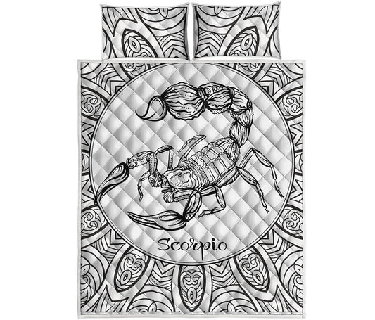 White And Black Scorpio Sign Print Quilt Bed Set