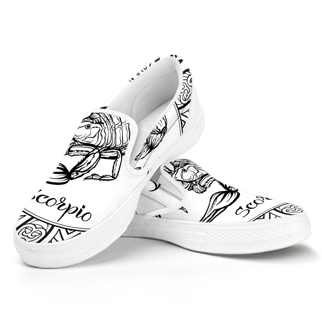 White And Black Scorpio Sign Print White Slip On Shoes