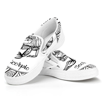 White And Black Scorpio Sign Print White Slip On Shoes