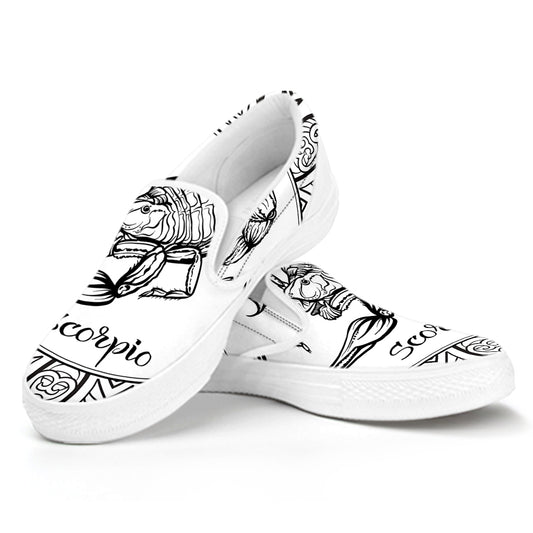 White And Black Scorpio Sign Print White Slip On Shoes