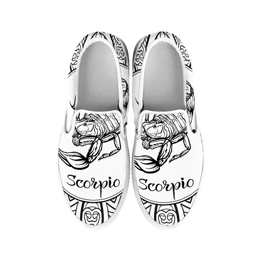 White And Black Scorpio Sign Print White Slip On Shoes