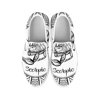 White And Black Scorpio Sign Print White Slip On Shoes