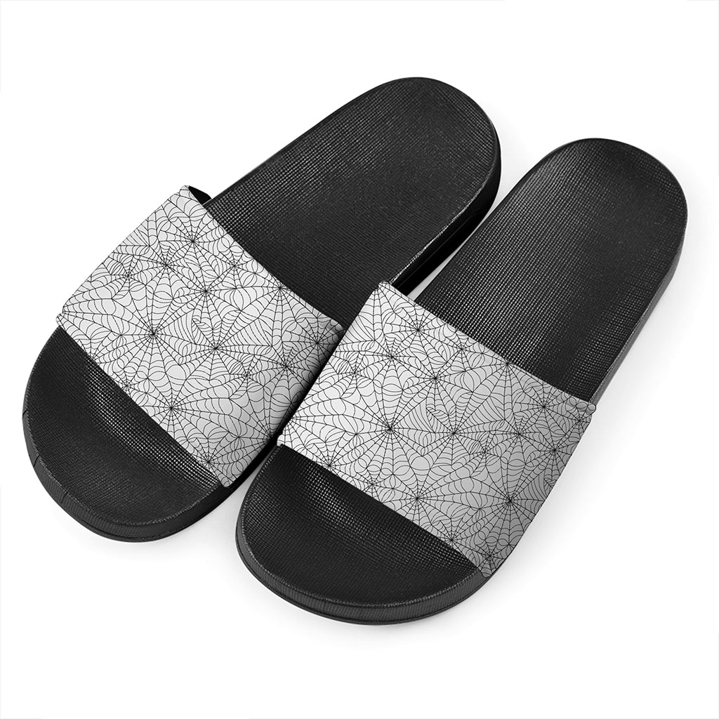 White And Black Spider Web Pattern Print Black Slide Sandals