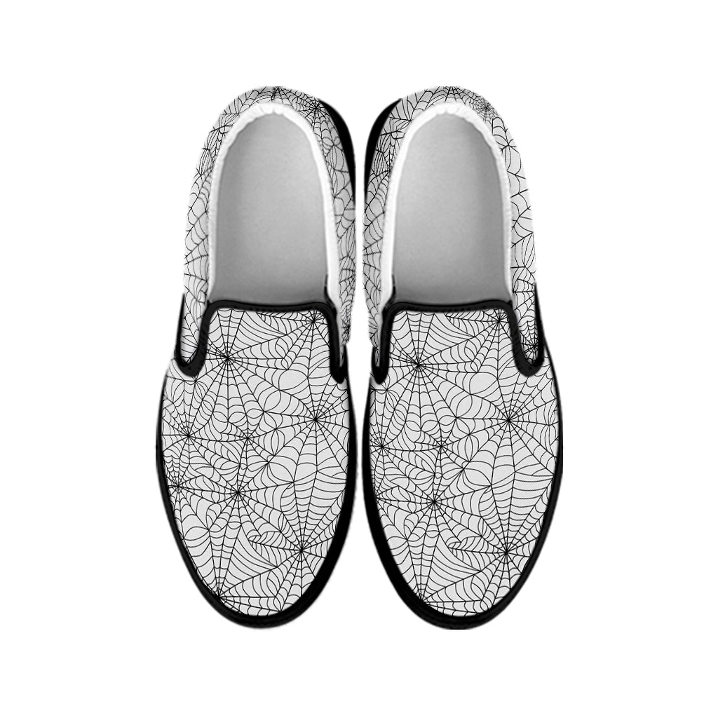 White And Black Spider Web Pattern Print Black Slip On Shoes