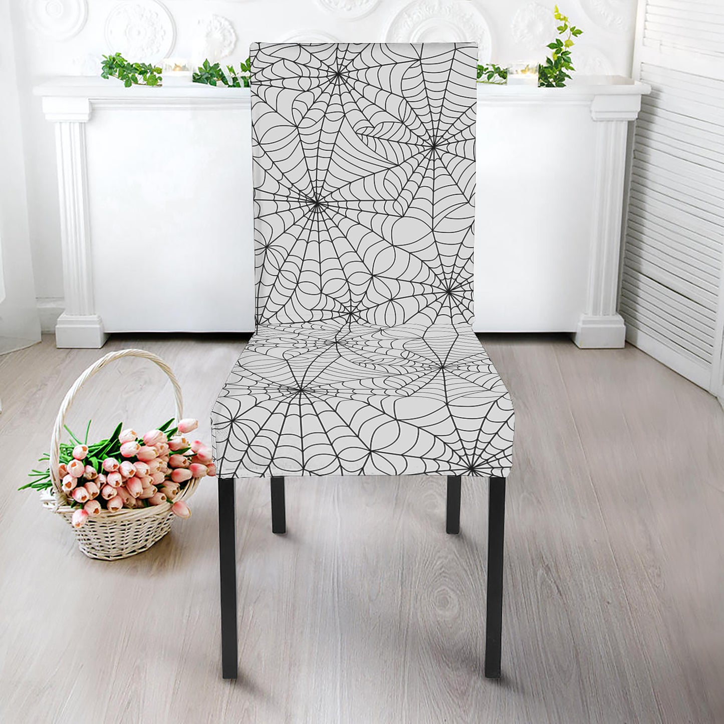 White And Black Spider Web Pattern Print Dining Chair Slipcover