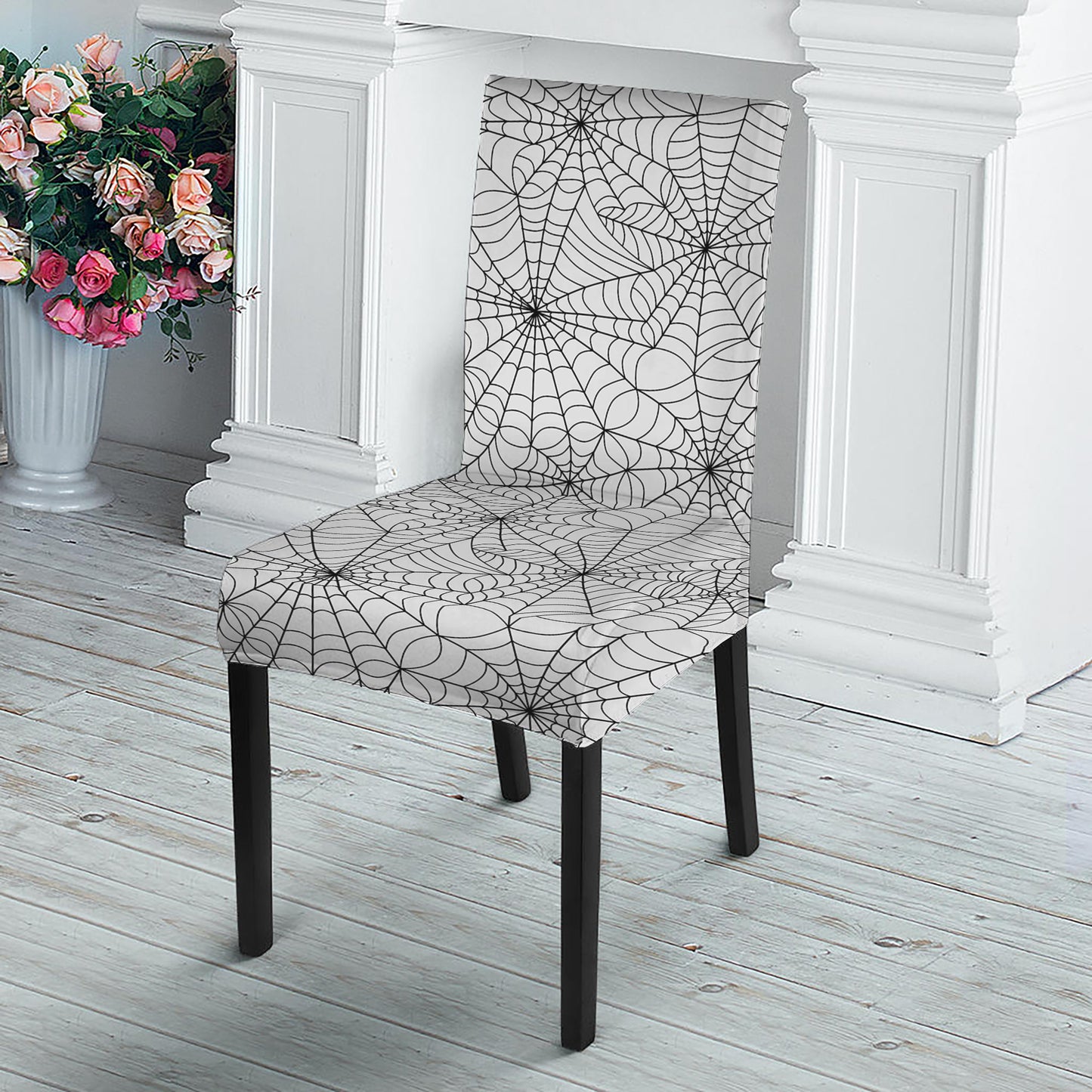 White And Black Spider Web Pattern Print Dining Chair Slipcover