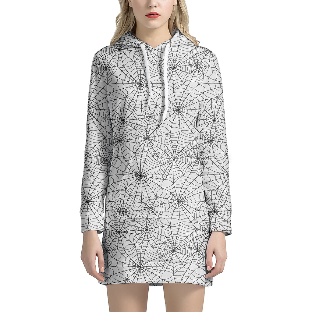 White And Black Spider Web Pattern Print Hoodie Dress