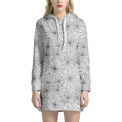 White And Black Spider Web Pattern Print Hoodie Dress