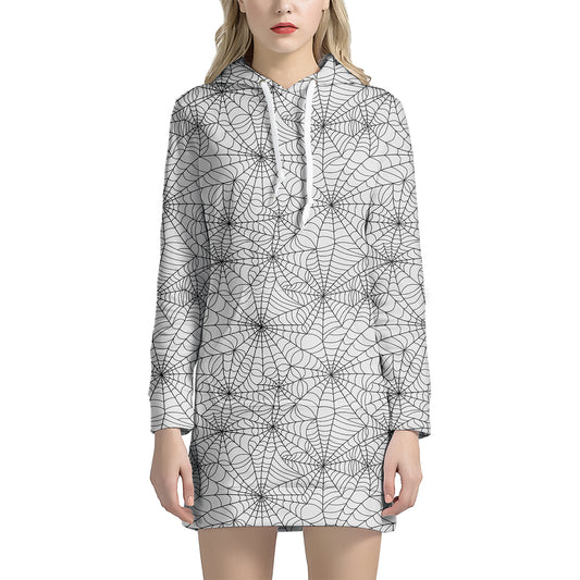 White And Black Spider Web Pattern Print Hoodie Dress