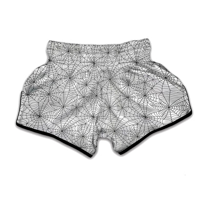White And Black Spider Web Pattern Print Muay Thai Boxing Shorts