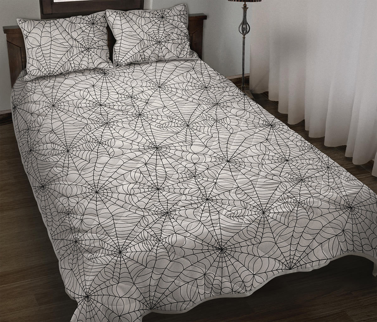 White And Black Spider Web Pattern Print Quilt Bed Set