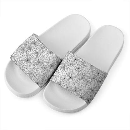White And Black Spider Web Pattern Print White Slide Sandals