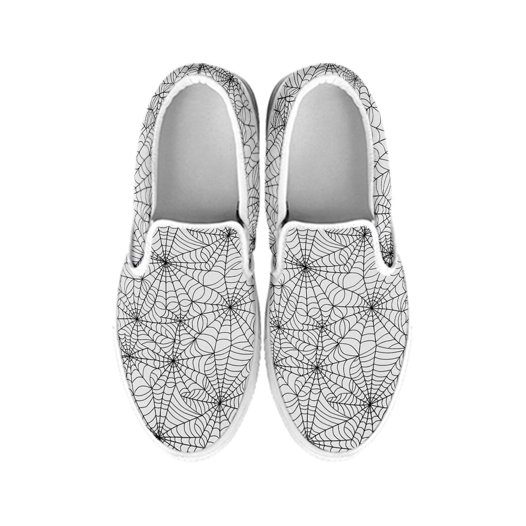White And Black Spider Web Pattern Print White Slip On Shoes