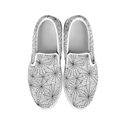 White And Black Spider Web Pattern Print White Slip On Shoes