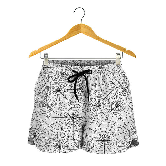 White And Black Spider Web Pattern Print Women's Shorts