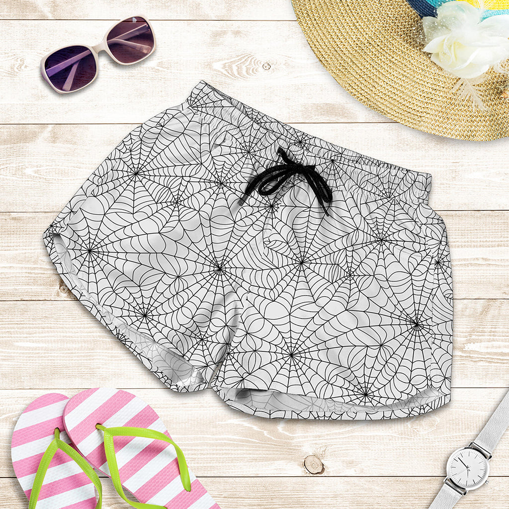 White And Black Spider Web Pattern Print Women's Shorts