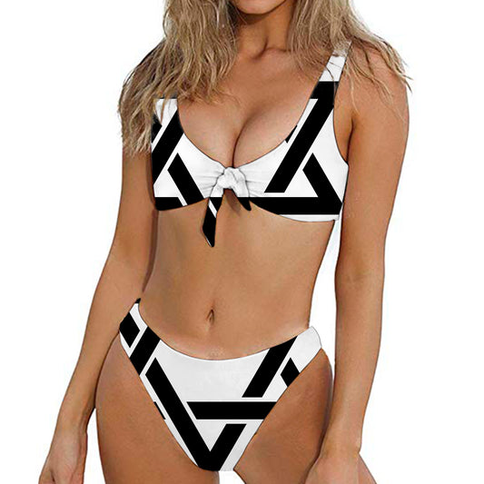 White And Black Star of David Print Front Bow Tie Bikini