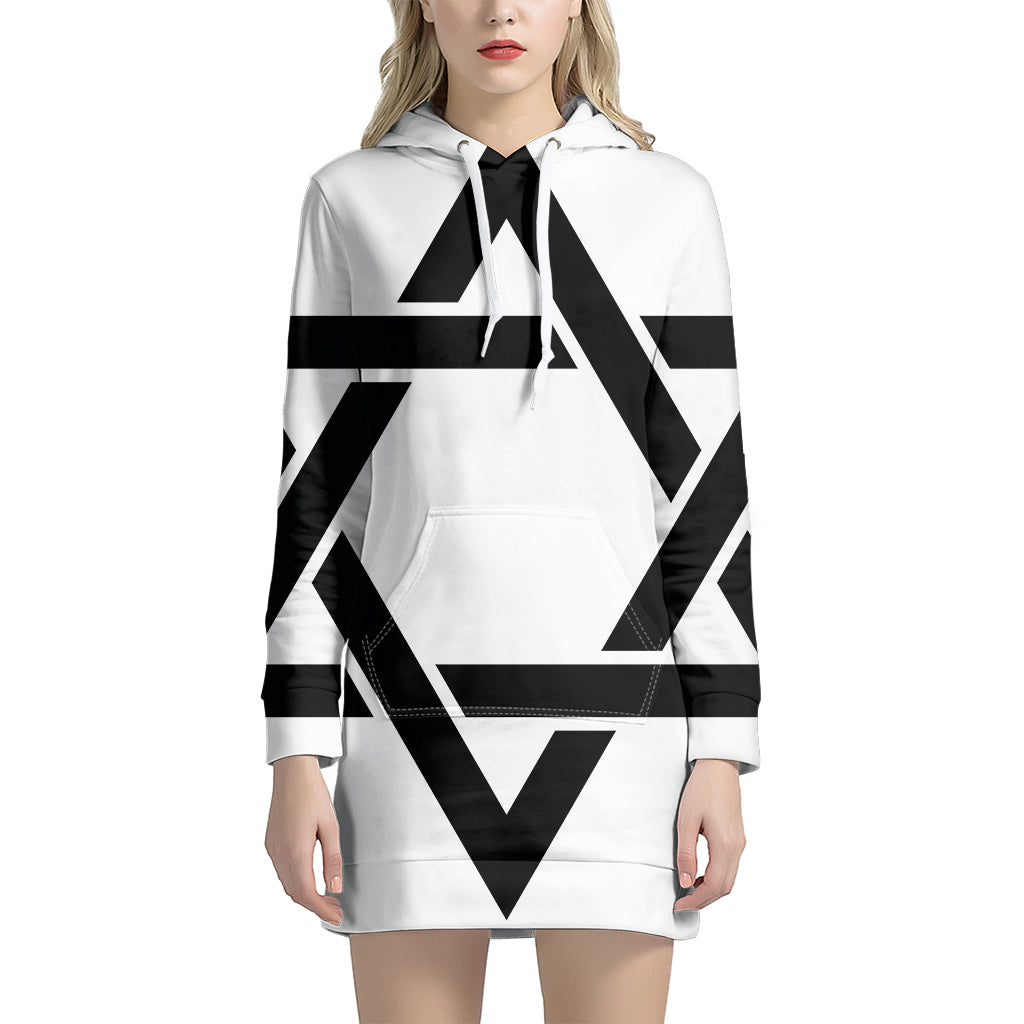 White And Black Star of David Print Pullover Hoodie Dress