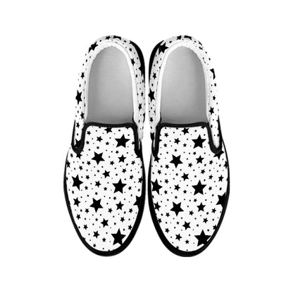 White And Black Star Pattern Print Black Slip On Shoes