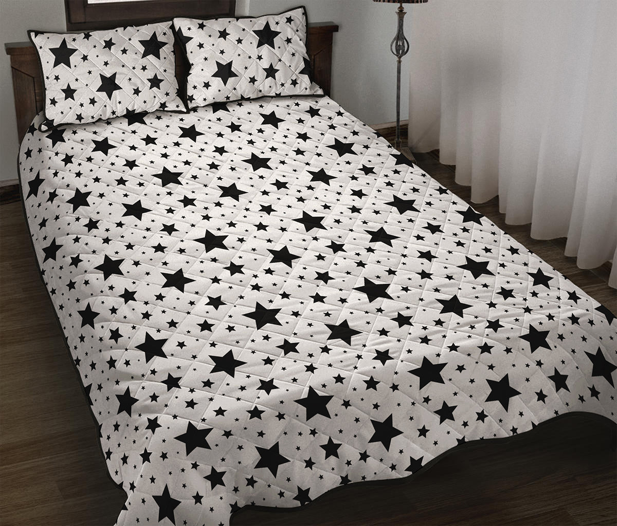 White And Black Star Pattern Print Quilt Bed Set