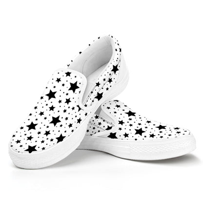 White And Black Star Pattern Print White Slip On Shoes