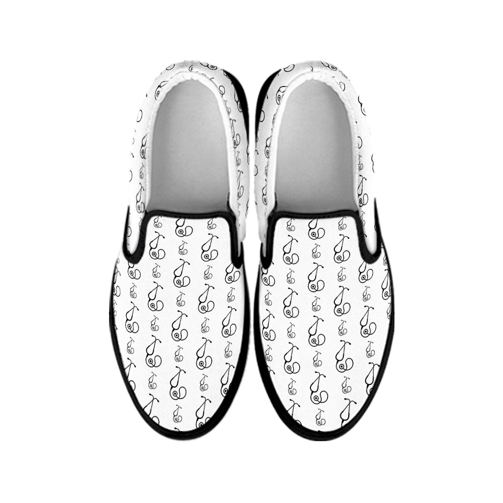 White And Black Stethoscope Print Black Slip On Shoes
