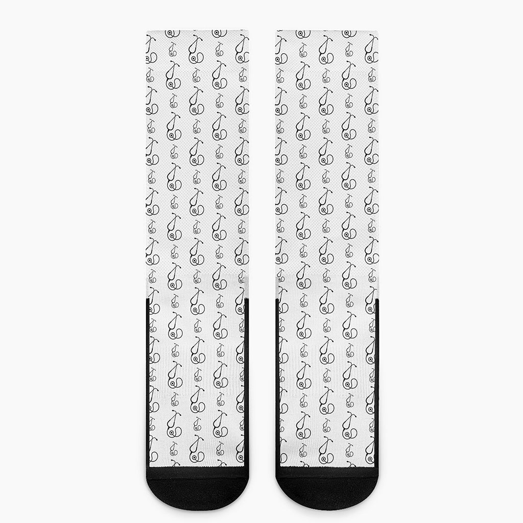 White And Black Stethoscope Print Crew Socks