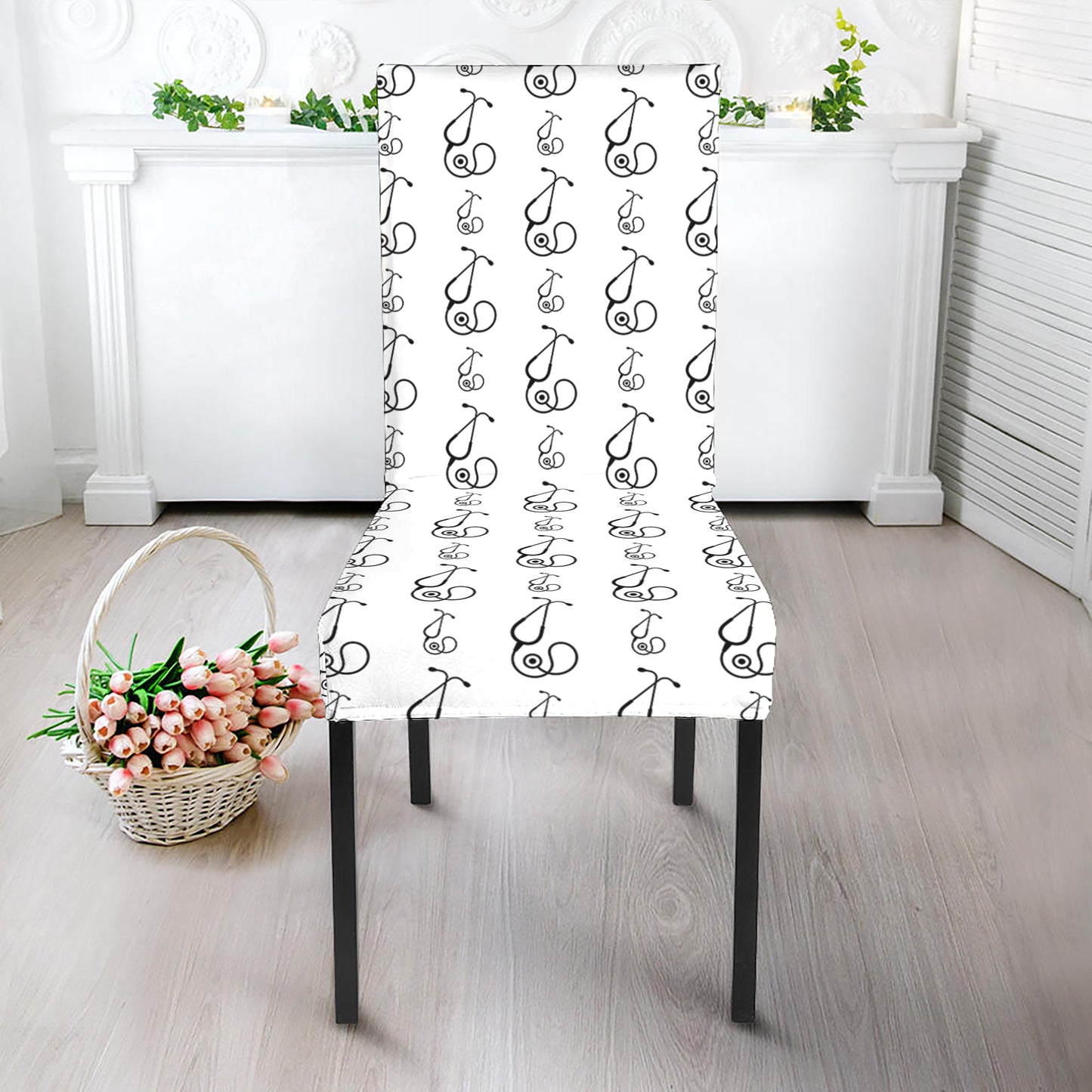 White And Black Stethoscope Print Dining Chair Slipcover