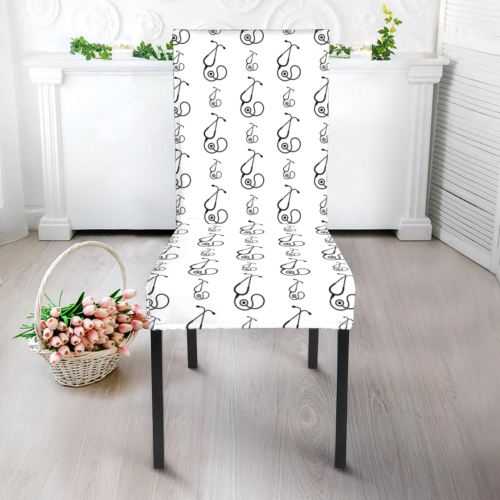 White And Black Stethoscope Print Dining Chair Slipcover