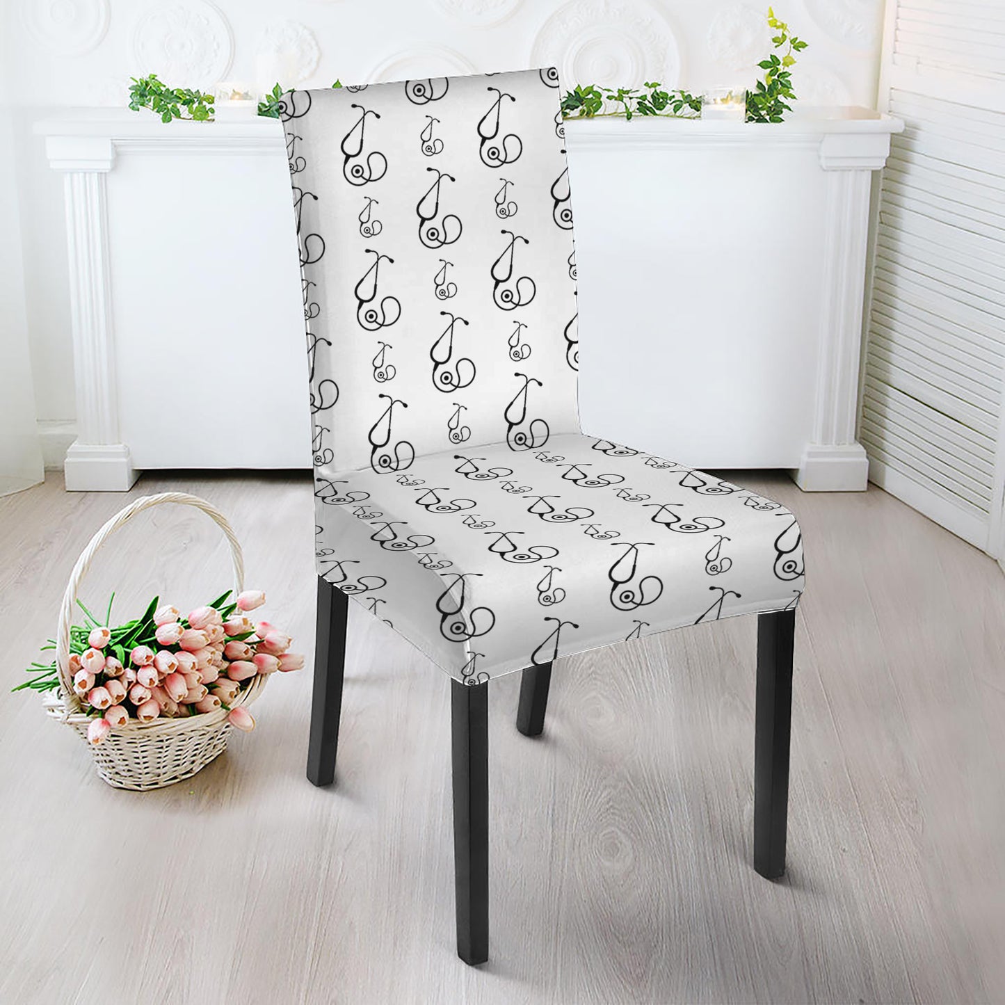 White And Black Stethoscope Print Dining Chair Slipcover