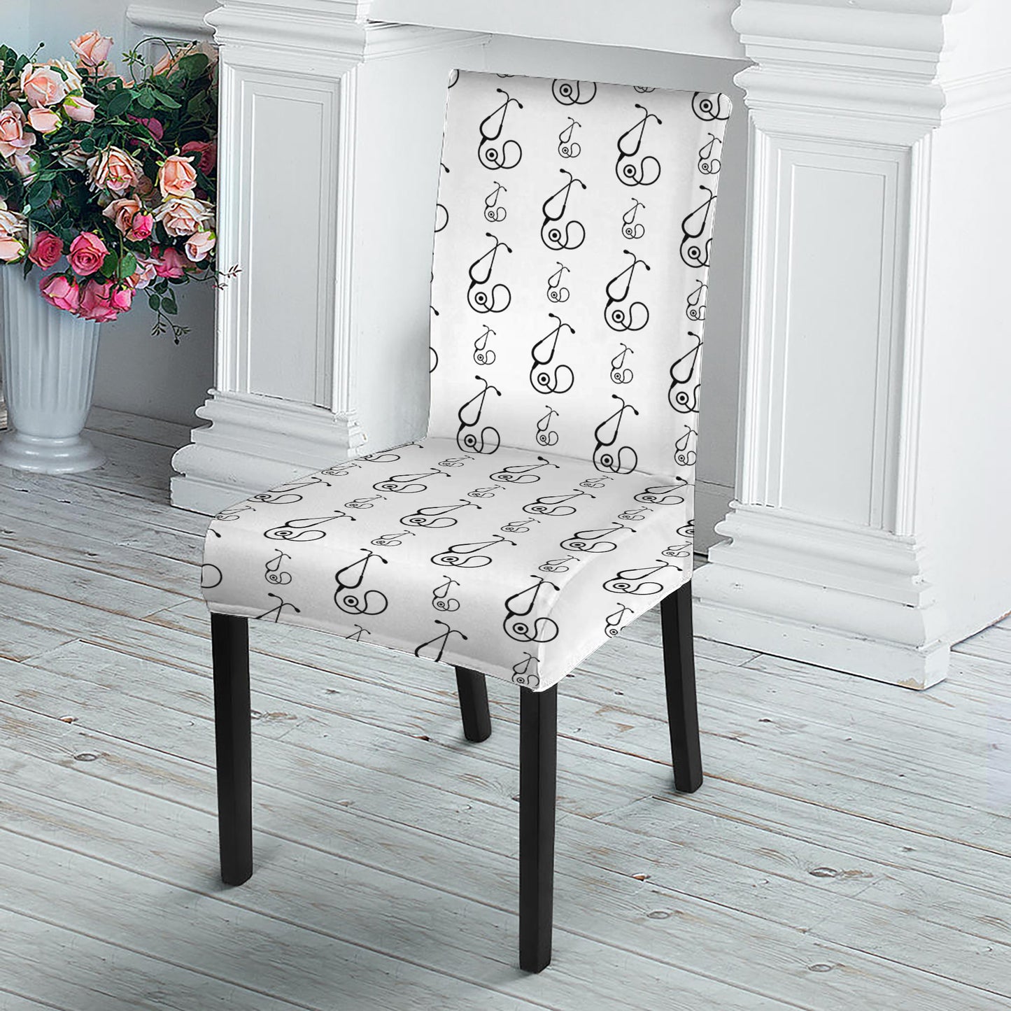 White And Black Stethoscope Print Dining Chair Slipcover